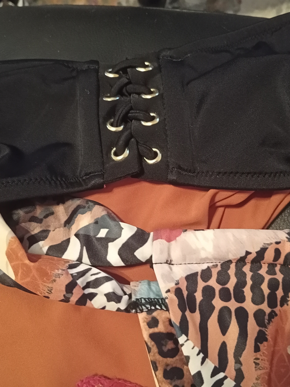 Black Lace-Up Bikini Top with Burnt Orange & Animal Print Accents
